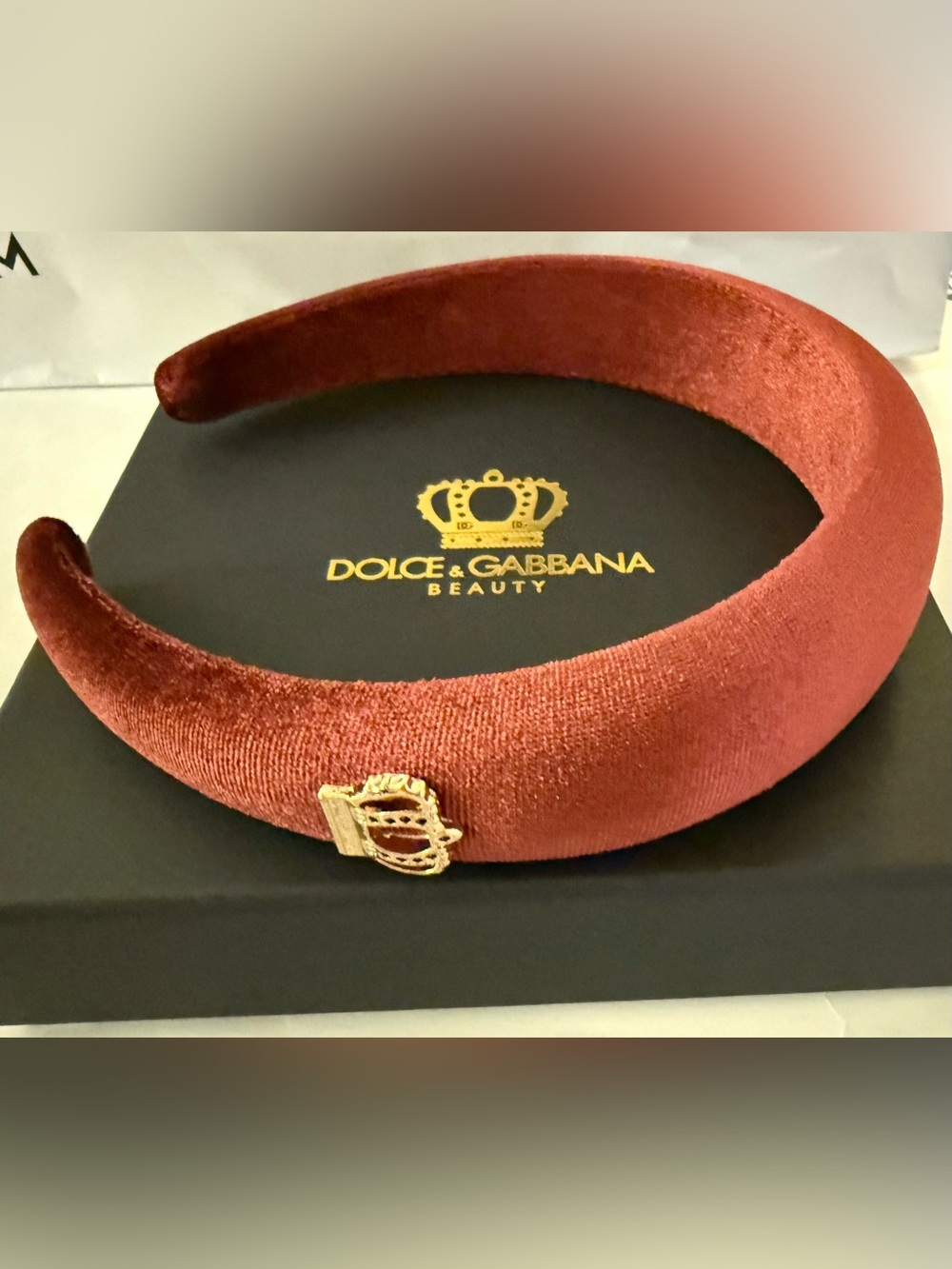 DOLCE & GABBANA Velvet Headband With D&G Logo Gold Crown, Dark Pink, NEW IN BOX